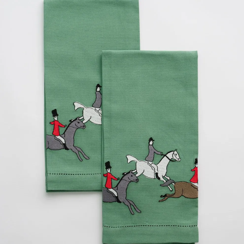Embroidered Hunt Scene Green Tea Towels