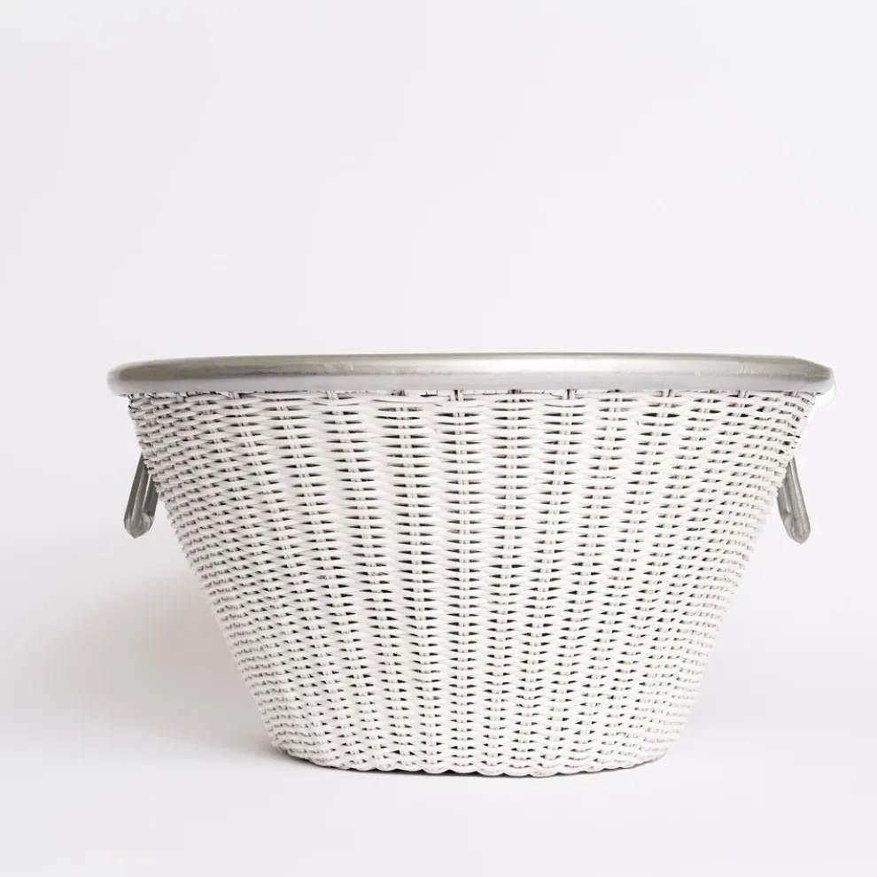 White Wicker and Aluminum Ice Bucket with Handles