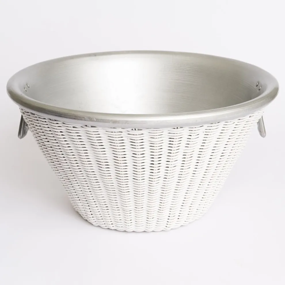 White Wicker and Aluminum Ice Bucket with Handles