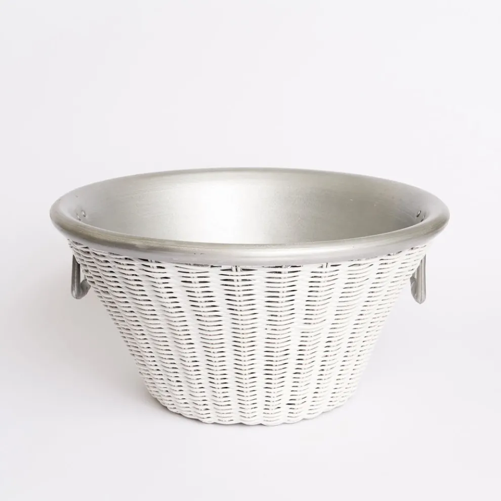 White Wicker and Aluminum Ice Bucket with Handles