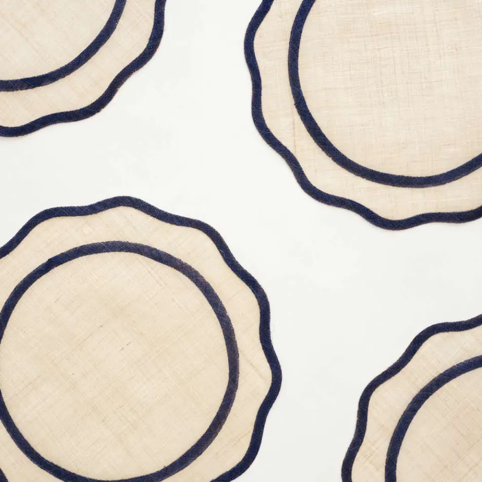 Navy Blue Scalloped Edge Natural Fiber Round Placemats