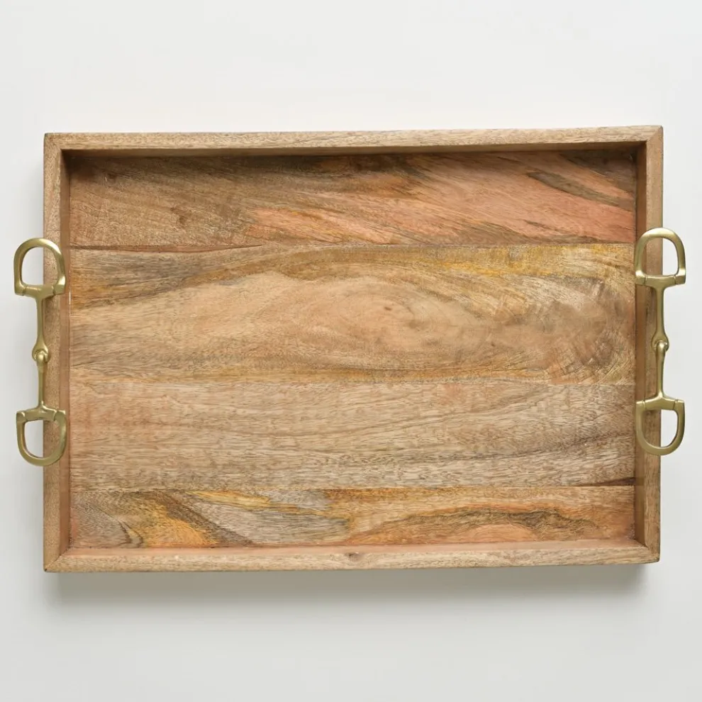 Wooden Serving Tray with Brass Snaffle Handles