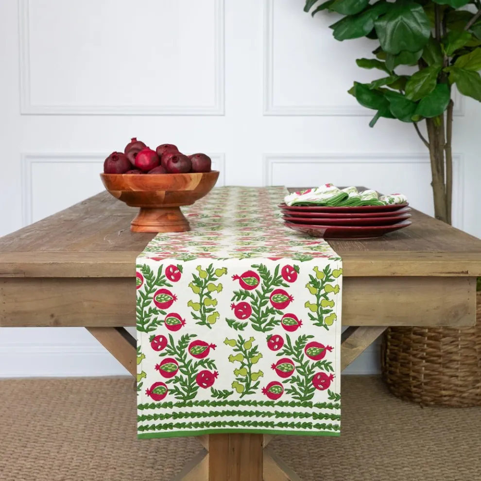 Pom Bells Basil & Magenta Table Runner