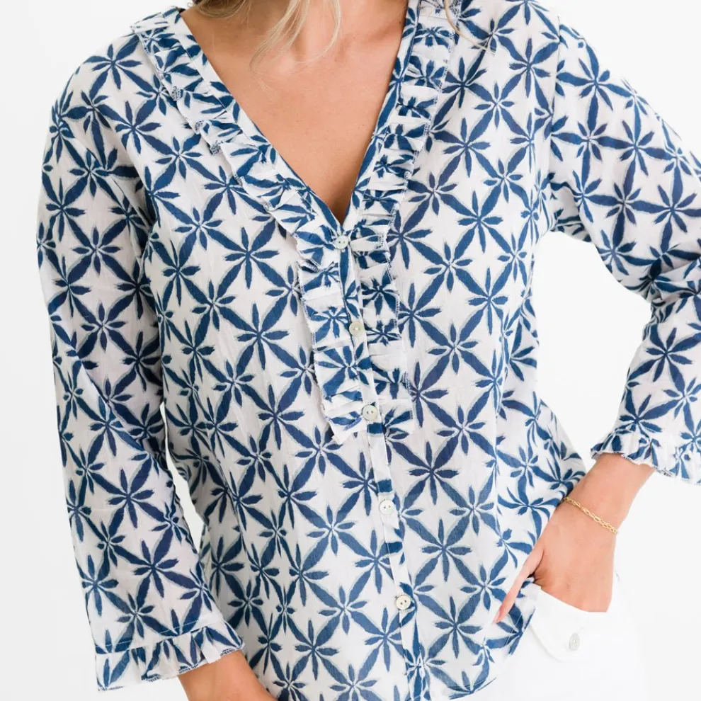 Starburst Flower Navy Flange Button Blouse