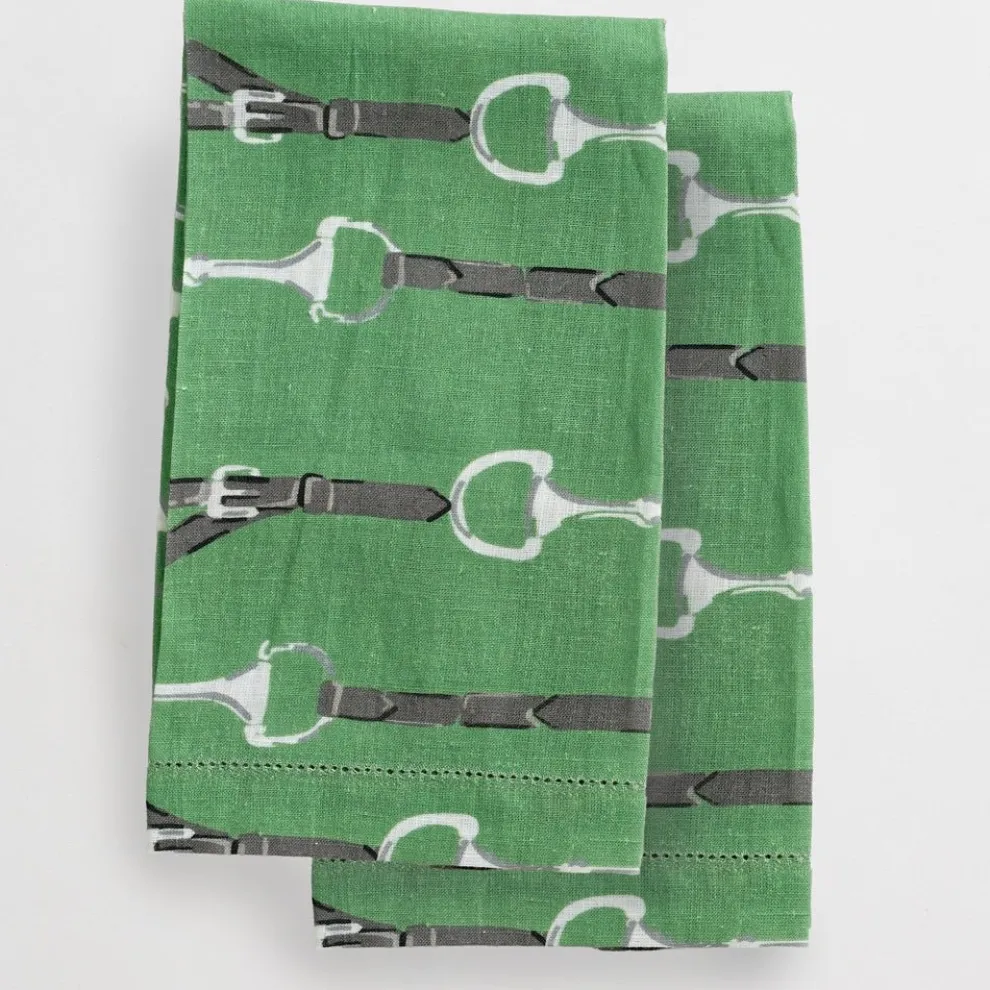 Green Linen Snaffle & Buckle Fingertip Towels | Set of 2