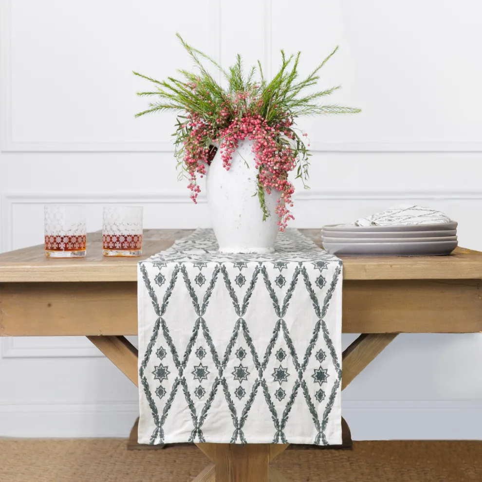 India Hicks Home Embroidered Diamond Blue Table Runner