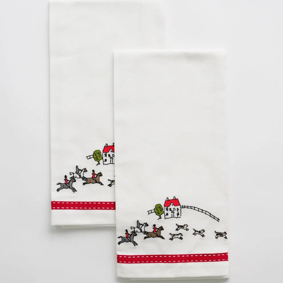 Embroidered Hunt Scene Red Ribbon Tea Towels