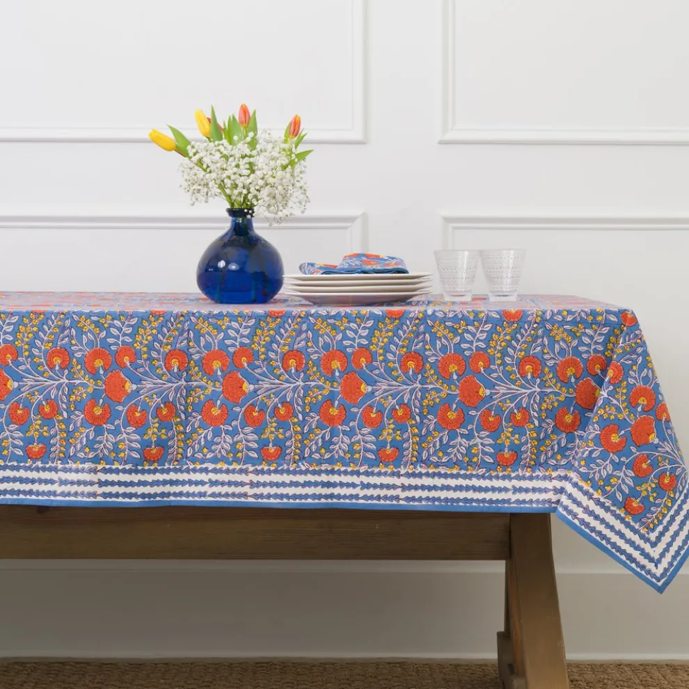 Cactus Flower Blue & Poppy Tablecloth