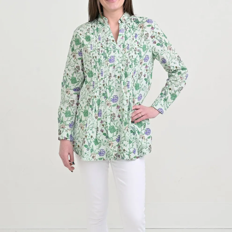 Mila Floral Emerald Pintuck Collared Tunic