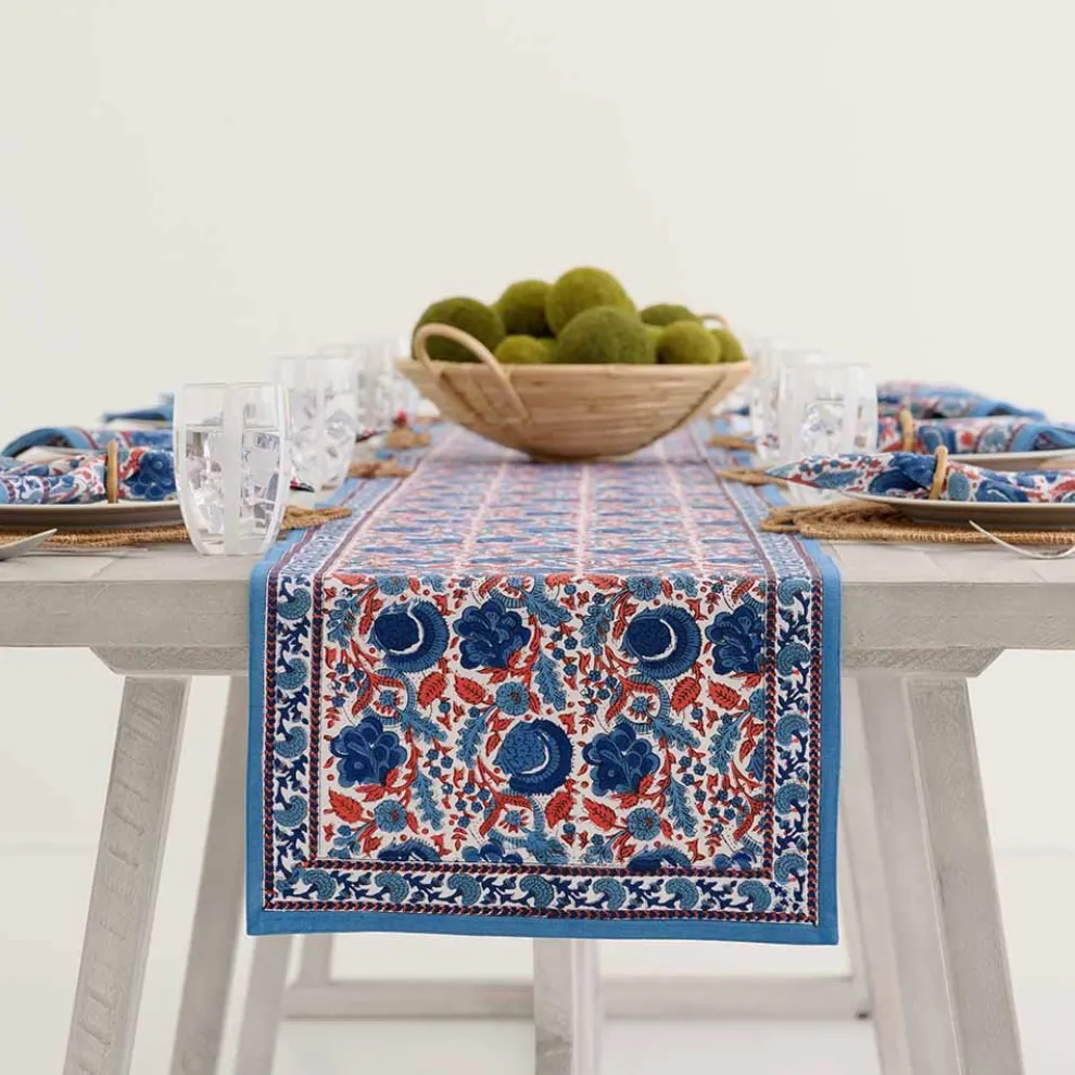 Bohemian Floral Blues & Paprika Table Runner