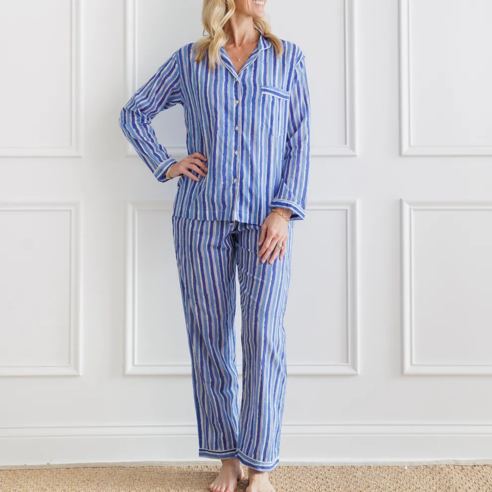 Watercolor Blue Stripe PJ Set
