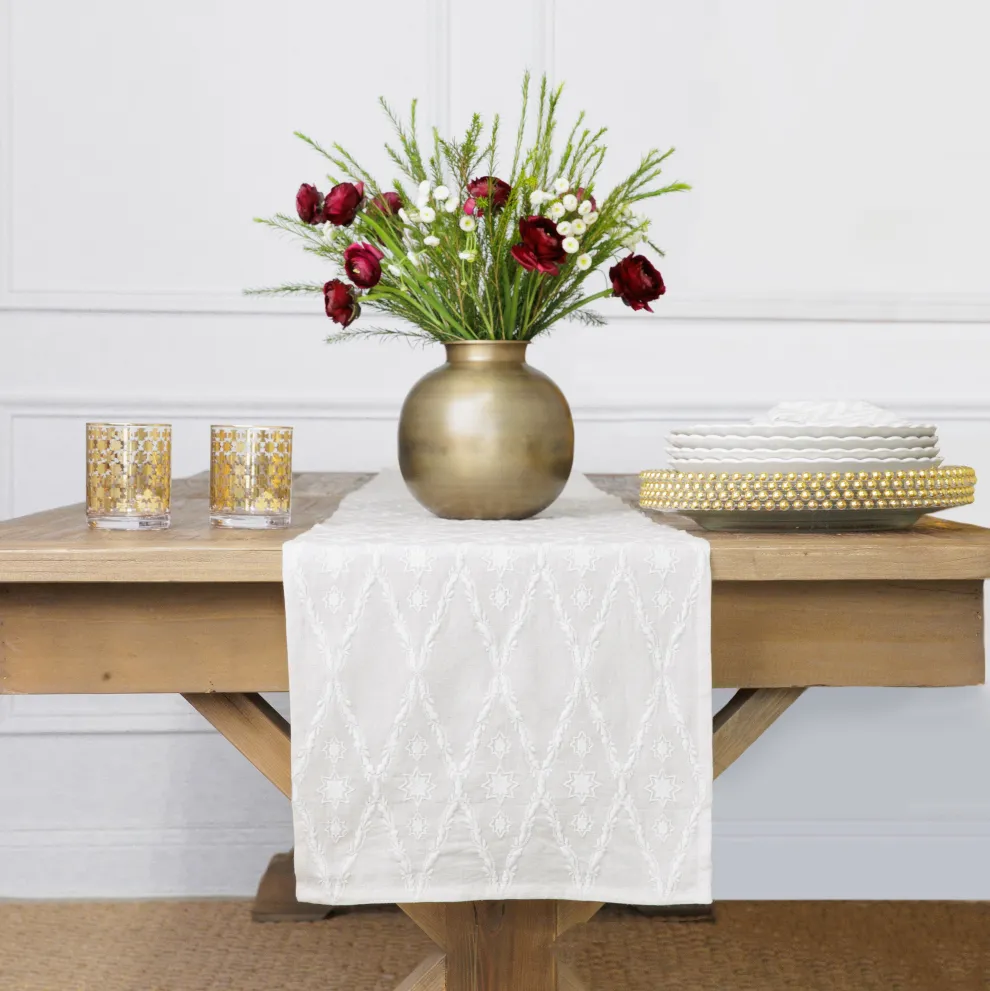 India Hicks Home Embroidered Diamond White Table Runner