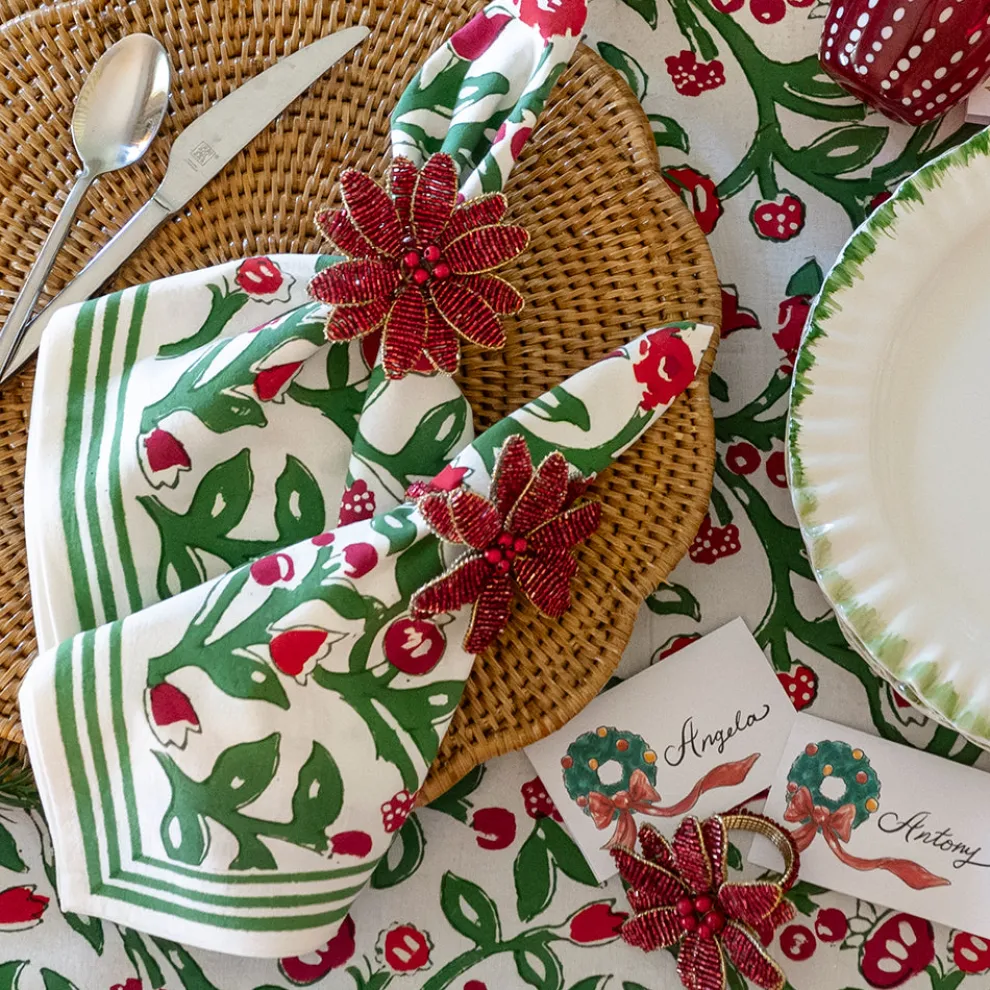 Red Flower Beaded Napkin Ring | Set of 4