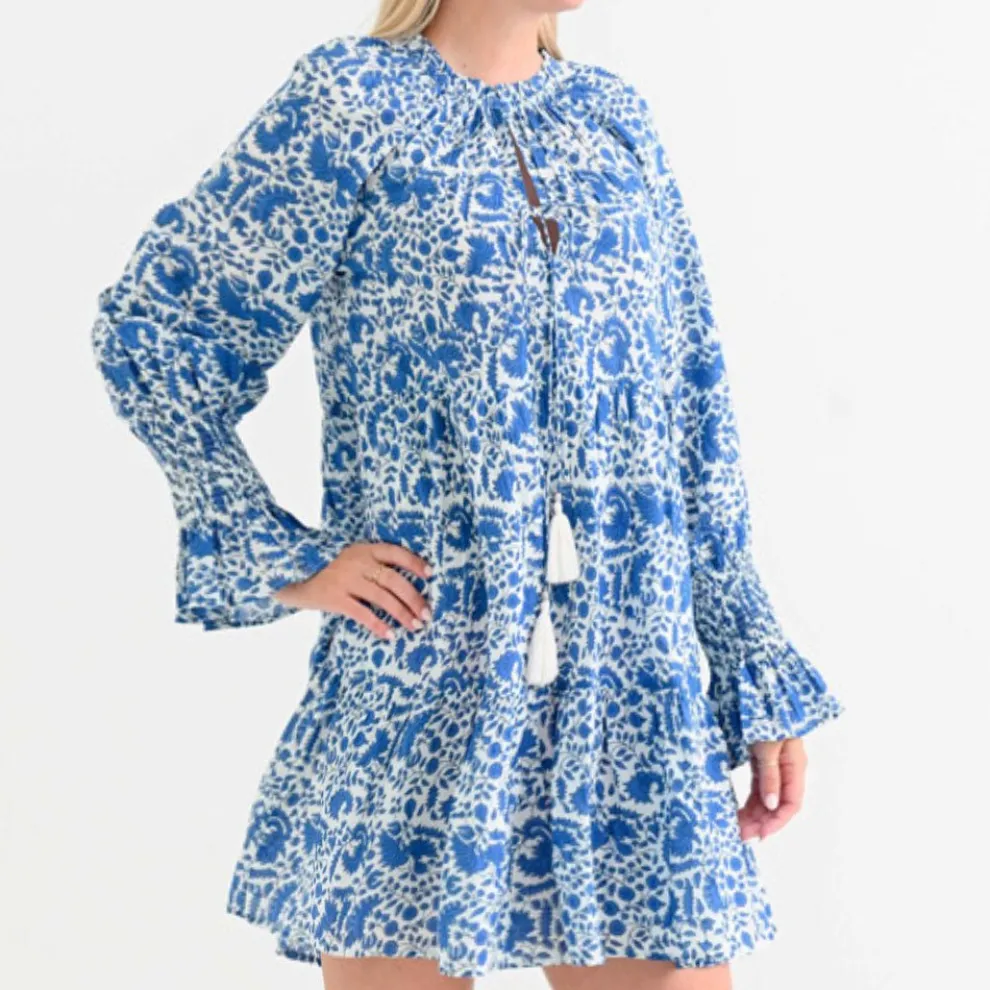 Amaranth Blue Long Sleeve Flounce Dress