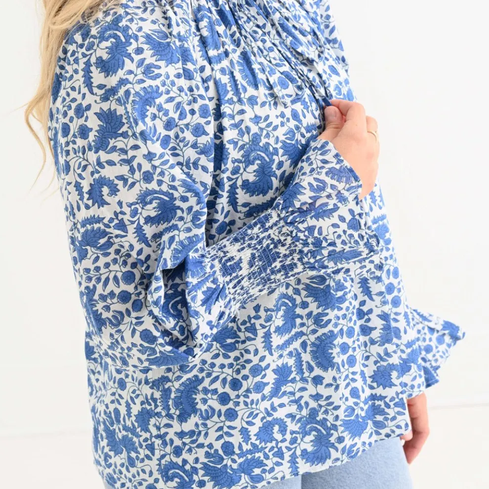 Amaranth Blue Flounce Sleeve Blouse