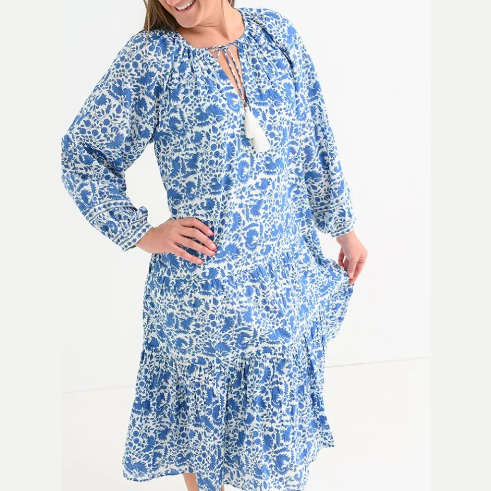 Amaranth Blue Belted Tiered Prairie Dress