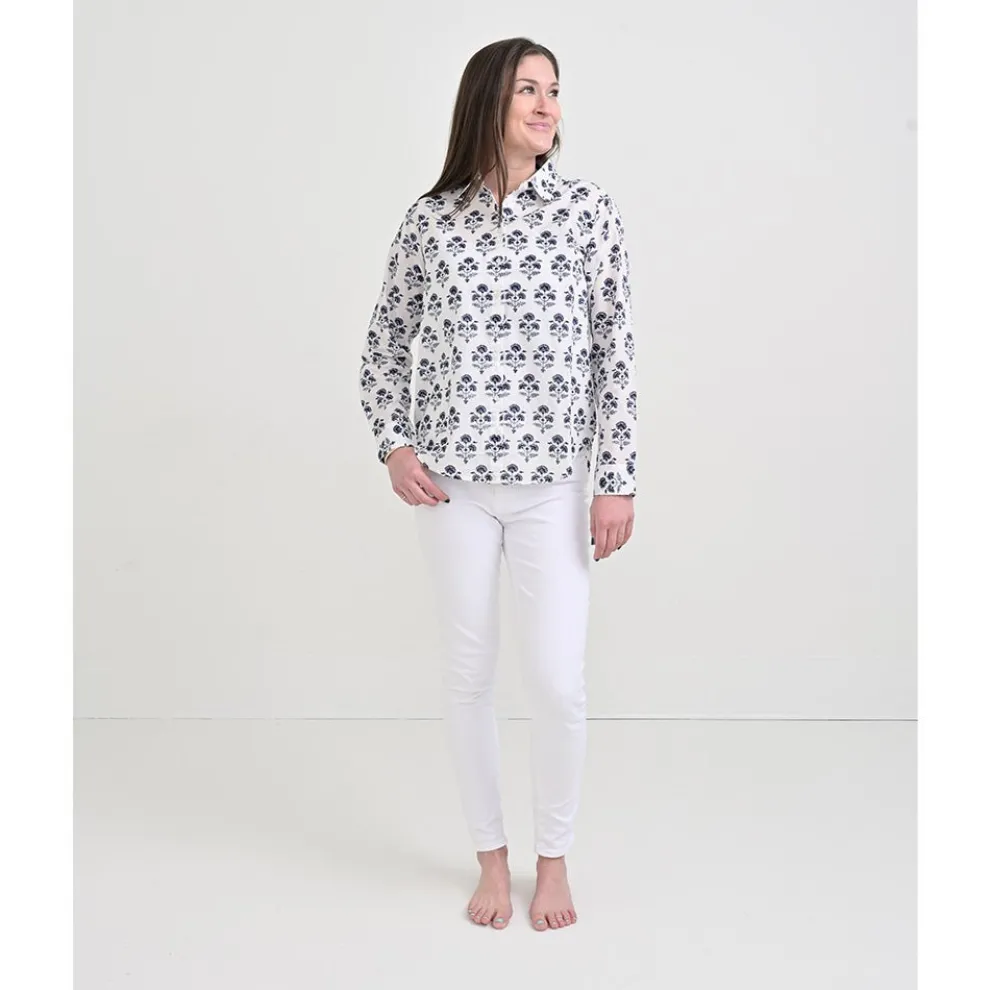 Agra Bloom Indigo Button Down Blouse