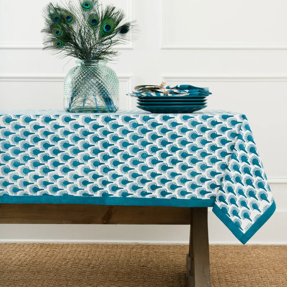 Geo Feather Teal Tablecloth