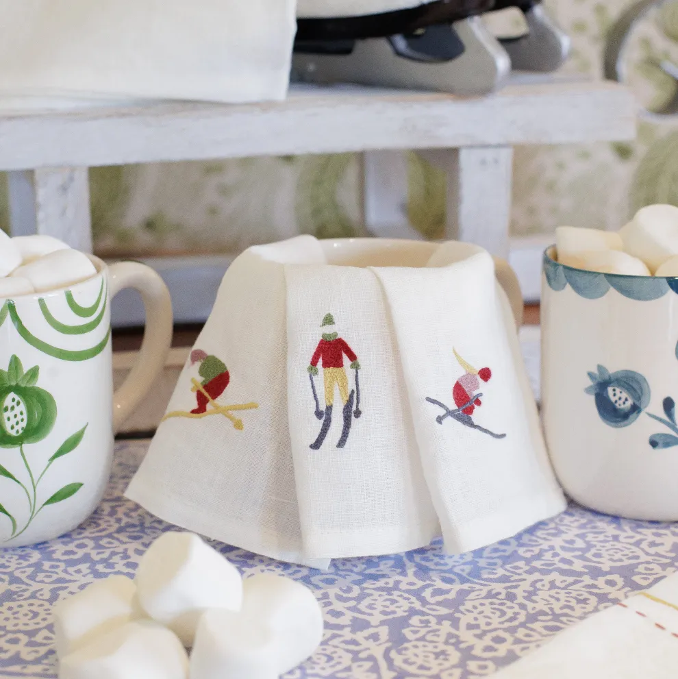 Skiers Embroidered Linen Cocktail Napkin | Set of 4