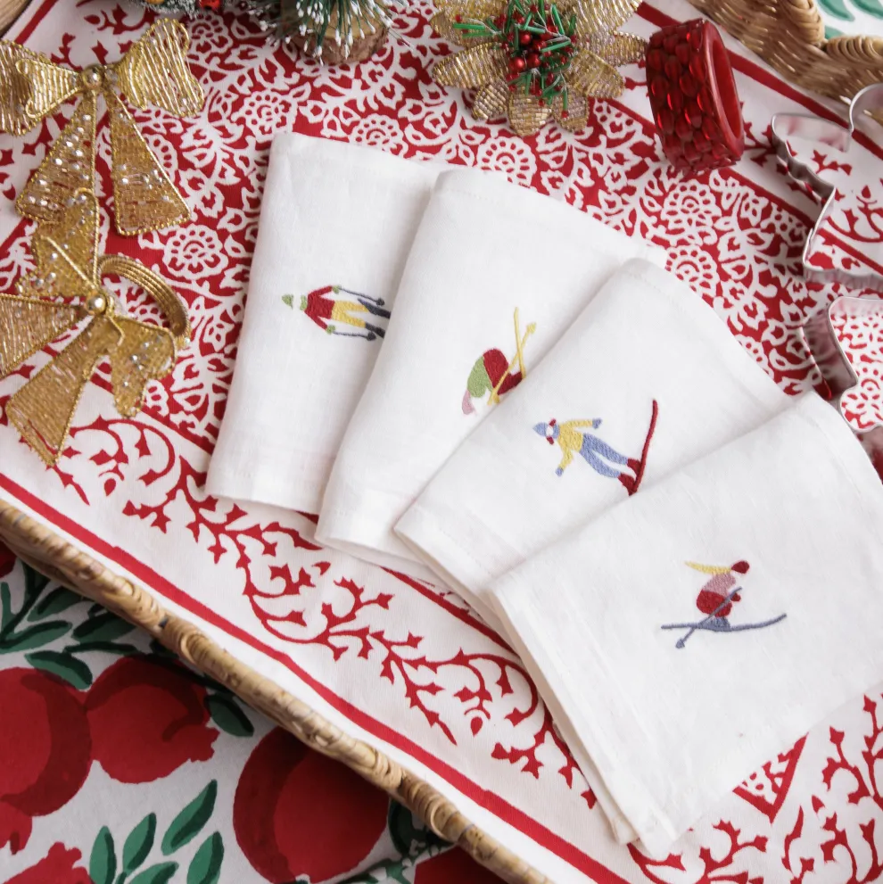 Skiers Embroidered Linen Cocktail Napkin | Set of 4