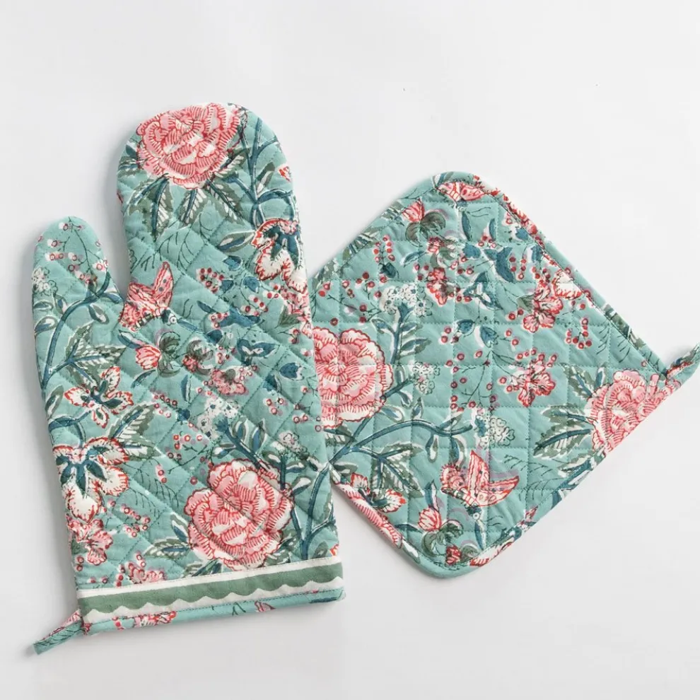 Butterfly Garden Aqua & Rose Oven Mitt Set